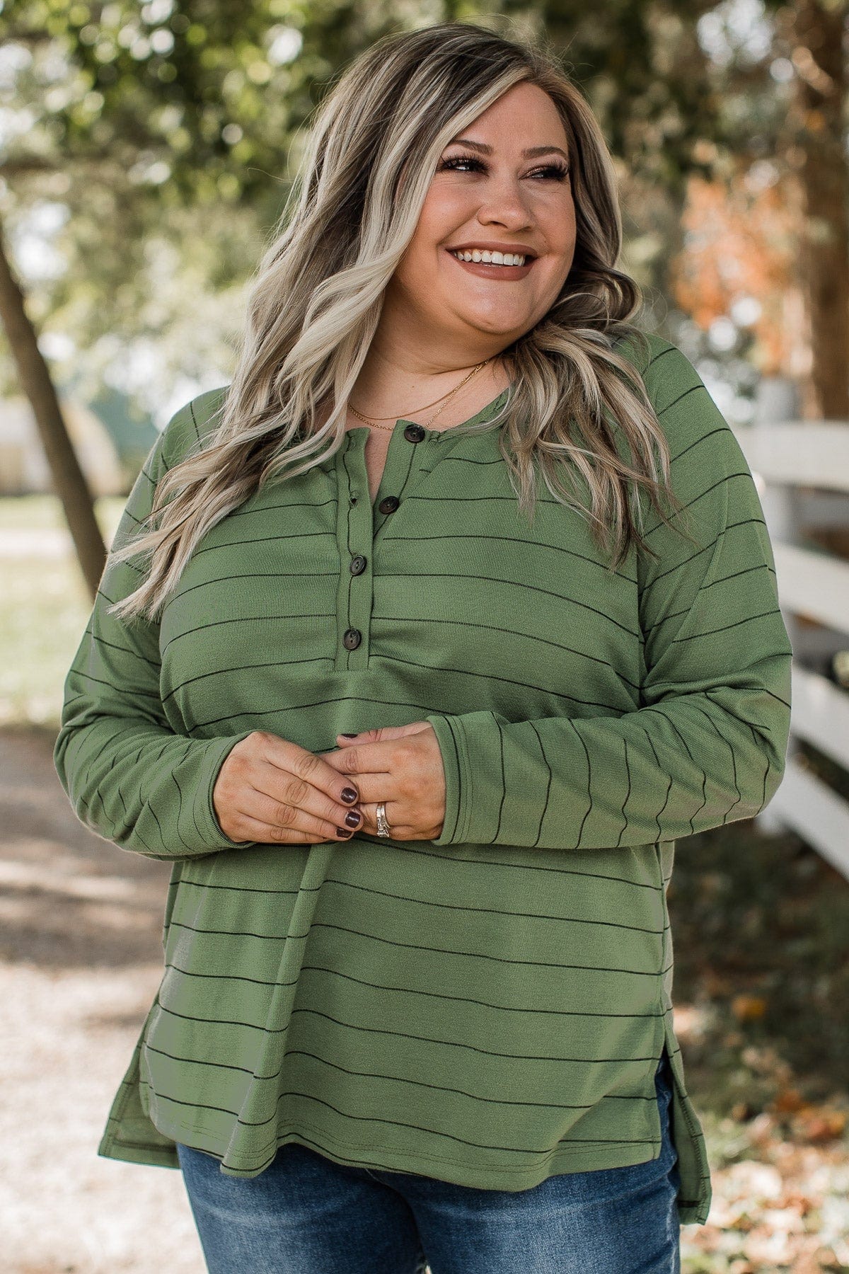 Sending Signals Striped Button Top- Olive - Image 2