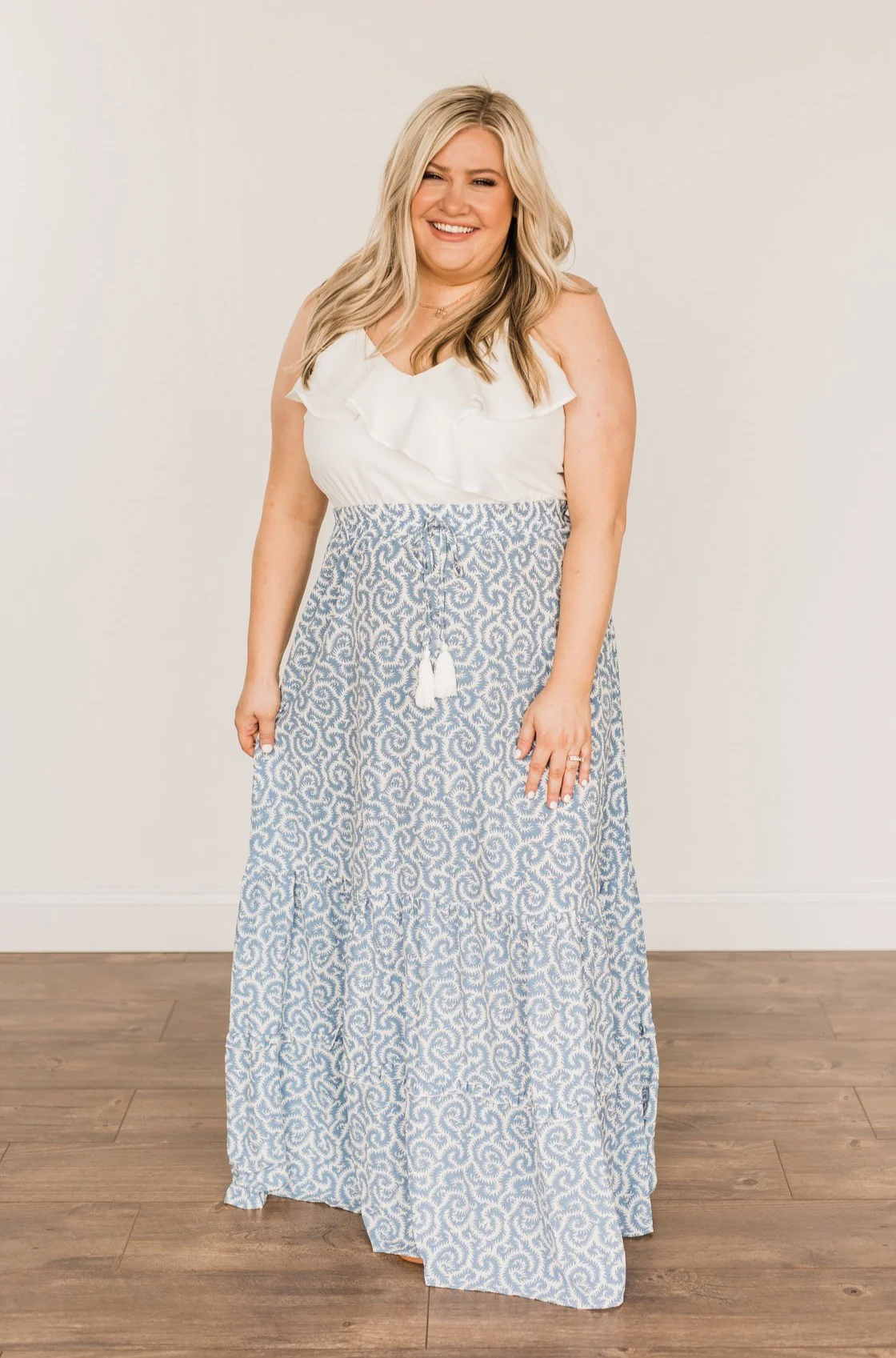 Sense Of Wonder Ruffle Maxi Dress- Steel Blue & Ivory - Image 2