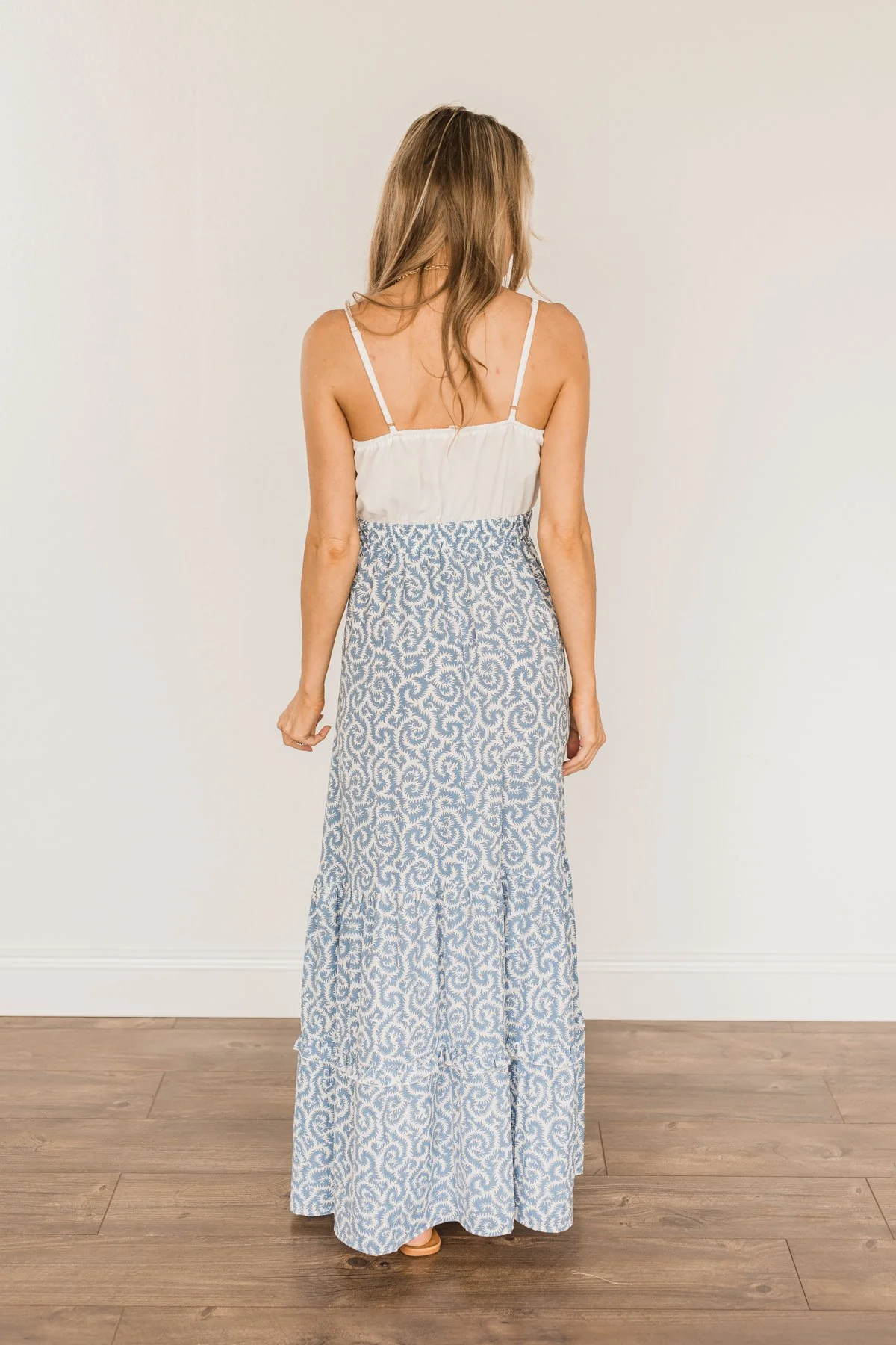 Sense Of Wonder Ruffle Maxi Dress- Steel Blue & Ivory - Image 7