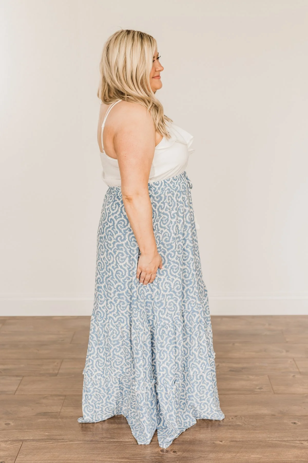 Sense Of Wonder Ruffle Maxi Dress- Steel Blue & Ivory - Image 8