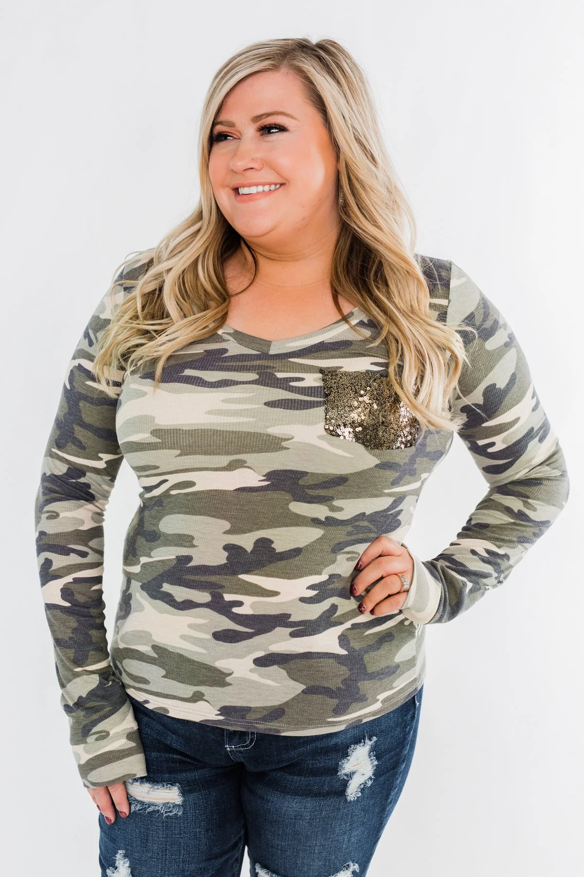 Sequin Pocket Long Sleeve Top- Camo - Image 7