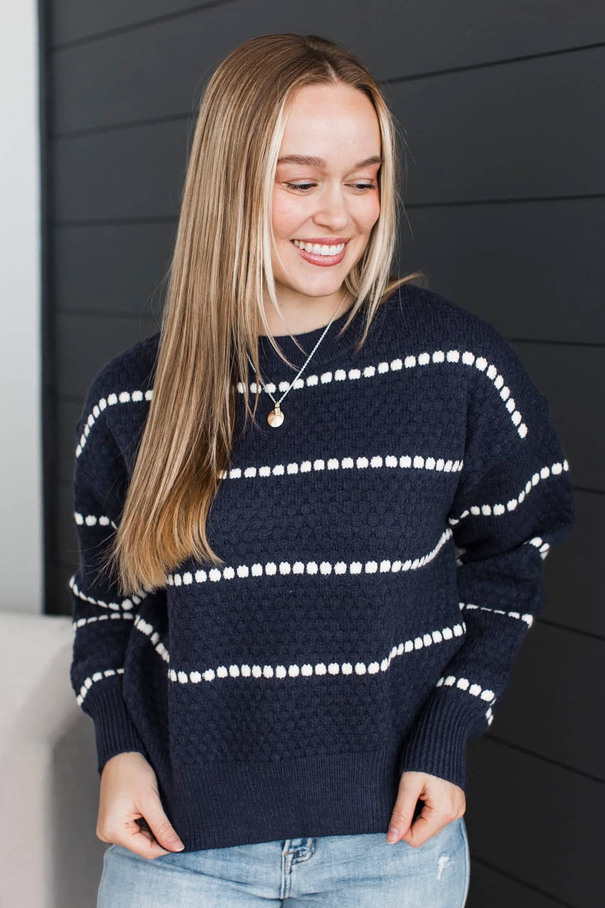 Serenity Found Striped Knit Sweater- Dark Navy - Image 3