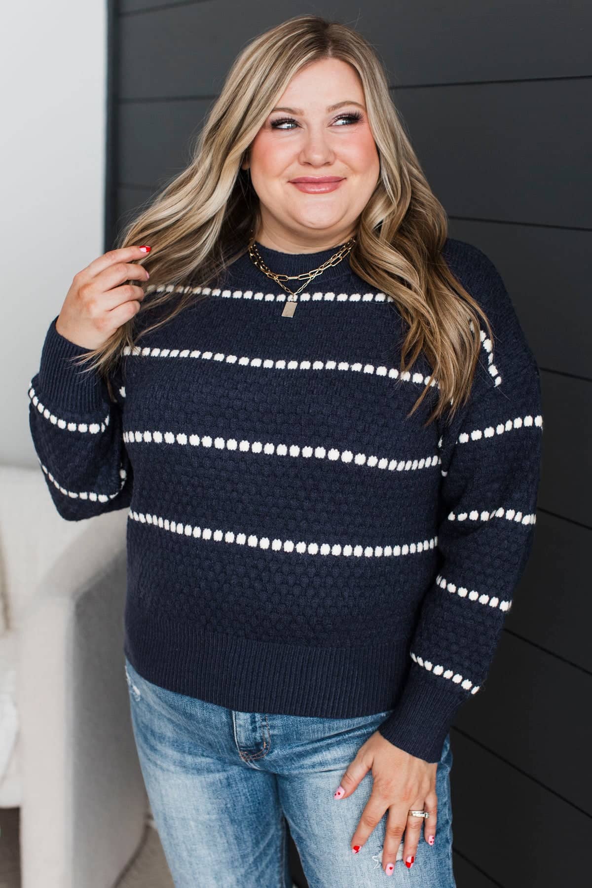 Serenity Found Striped Knit Sweater- Dark Navy - Image 4