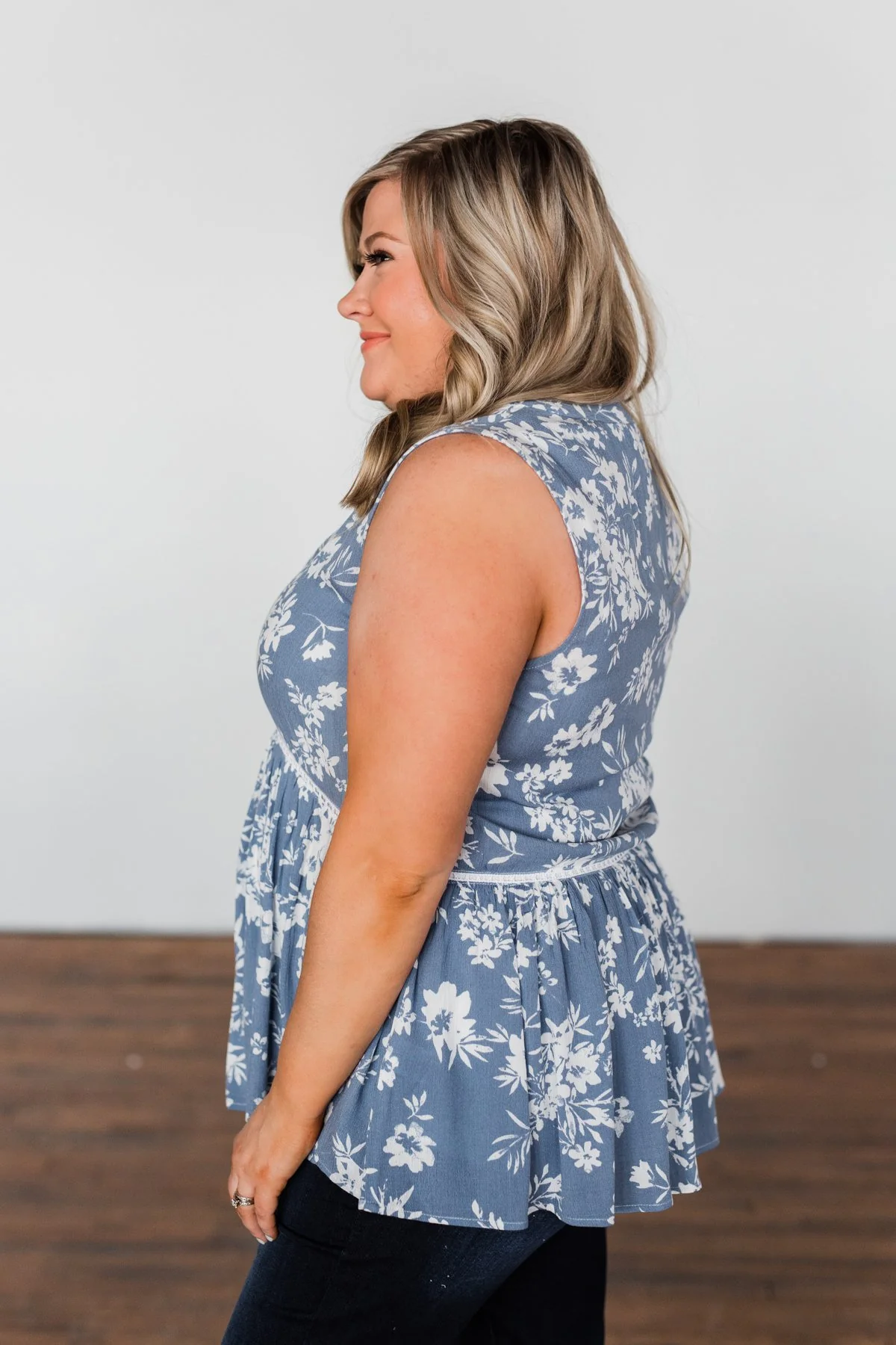 Set Me Free Floral Babydoll Tank Top- Dusty Blue - Image 10