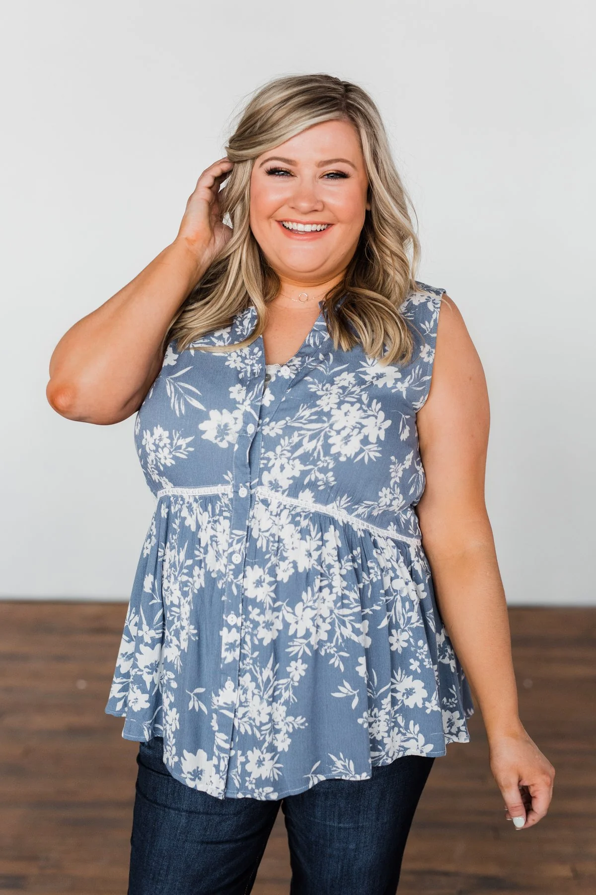Set Me Free Floral Babydoll Tank Top- Dusty Blue - Image 2