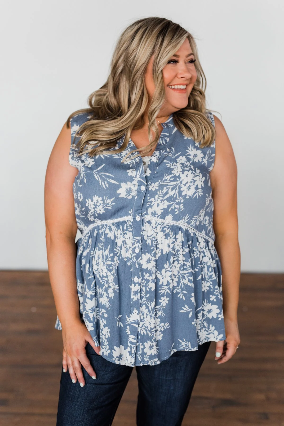 Set Me Free Floral Babydoll Tank Top- Dusty Blue - Image 8