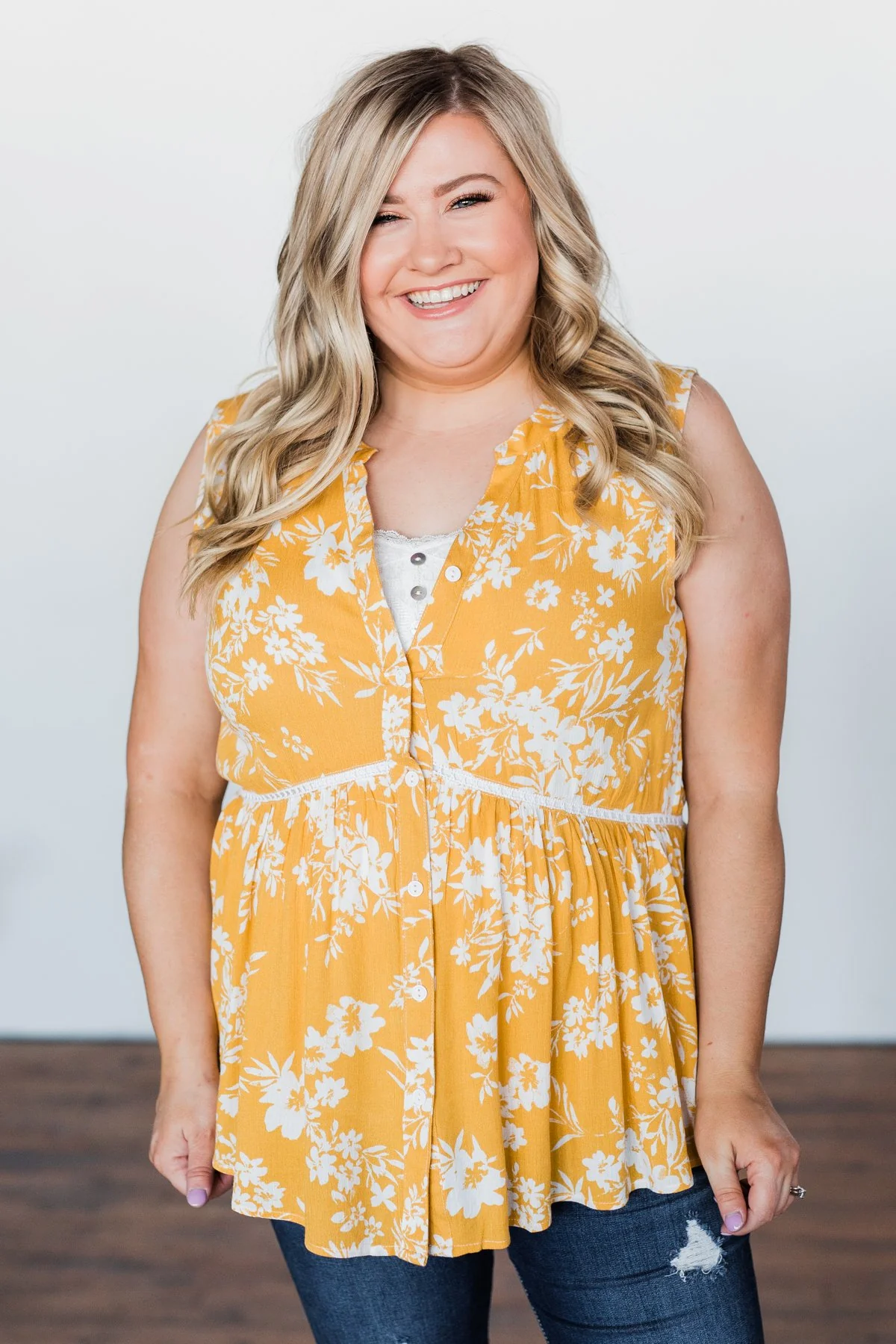 Set Me Free Floral Babydoll Tank Top- Golden Yellow - Image 3