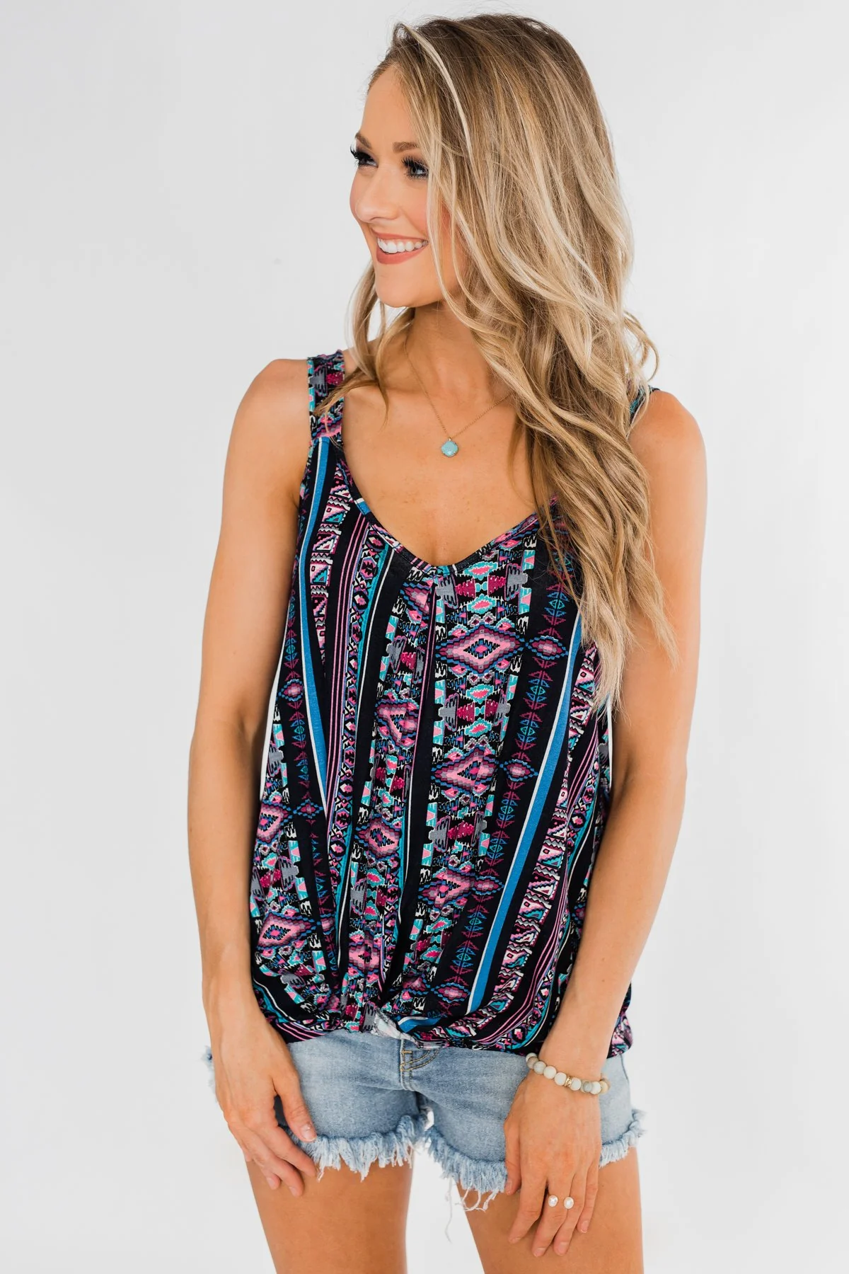 Set on You Aztec Twist Tank Top- Dark Navy & Pink - Image 5