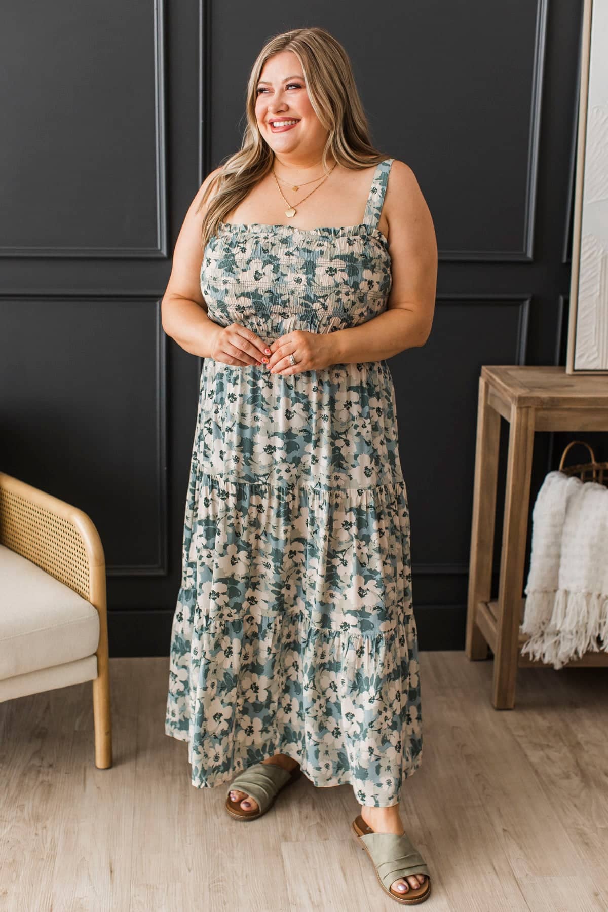Set The Standard Floral Midi Dress- Dusty Teal - Image 2