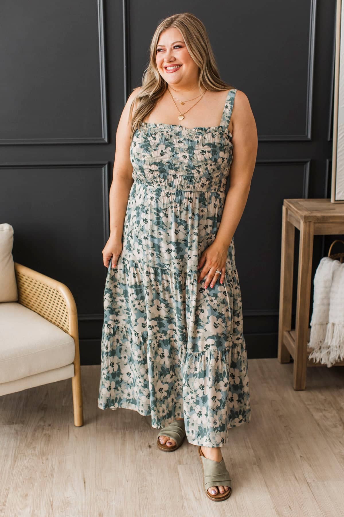 Set The Standard Floral Midi Dress- Dusty Teal - Image 4