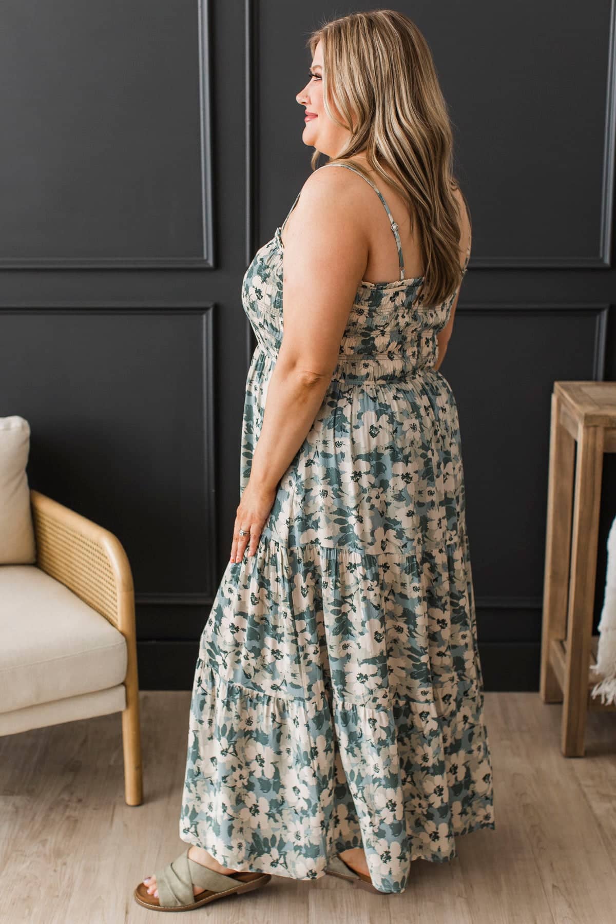 Set The Standard Floral Midi Dress- Dusty Teal - Image 7