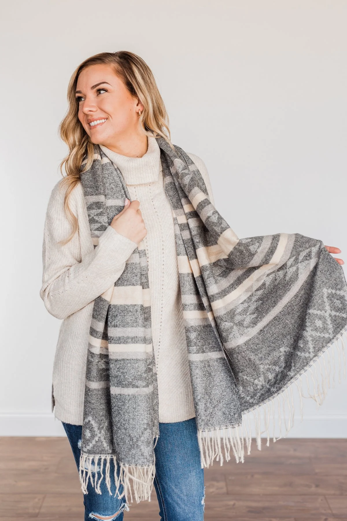 Setting Off Sparks Aztec Blanket Scarf- Charcoal - Image 8