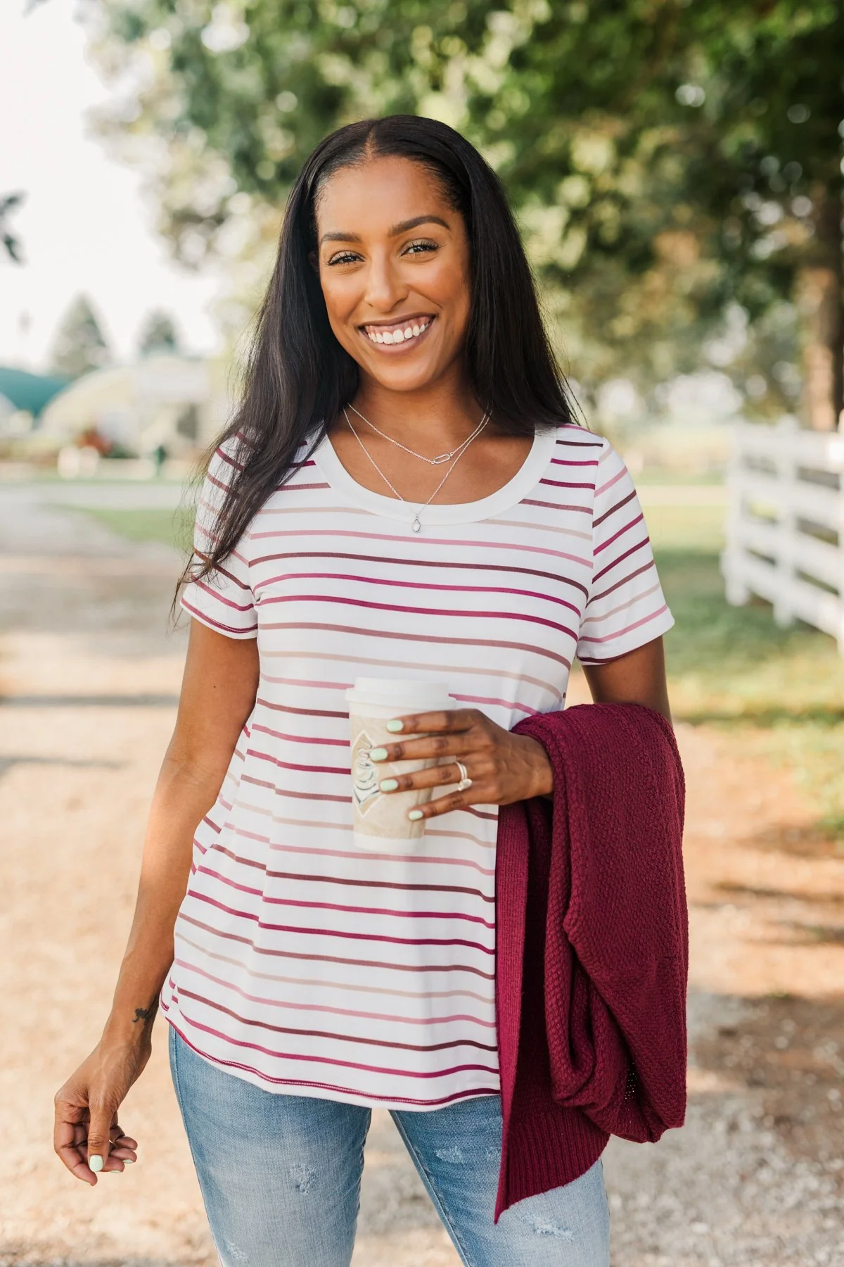 Shades Of Autumn Striped Top- Wine, Burgundy & Pink - Image 2