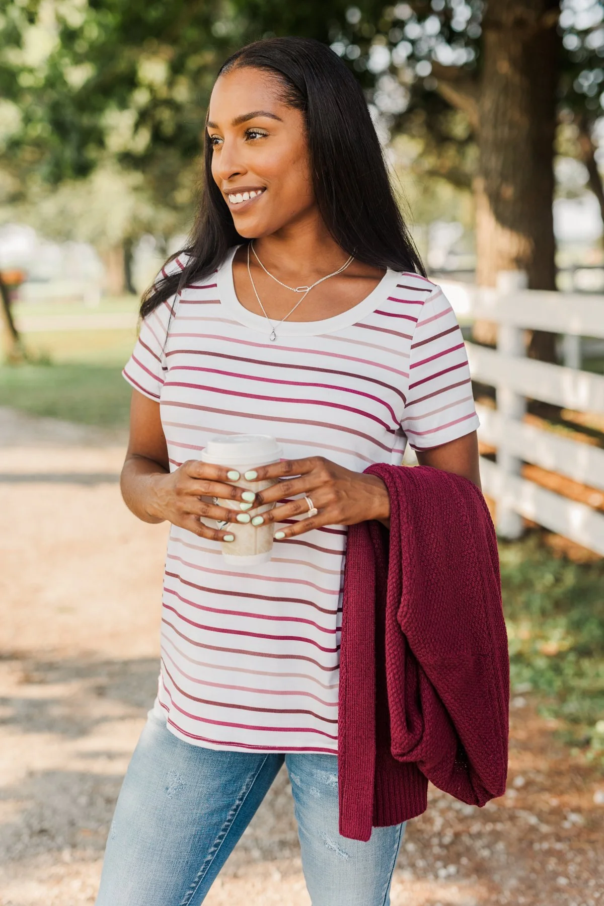 Shades Of Autumn Striped Top- Wine, Burgundy & Pink - Image 6