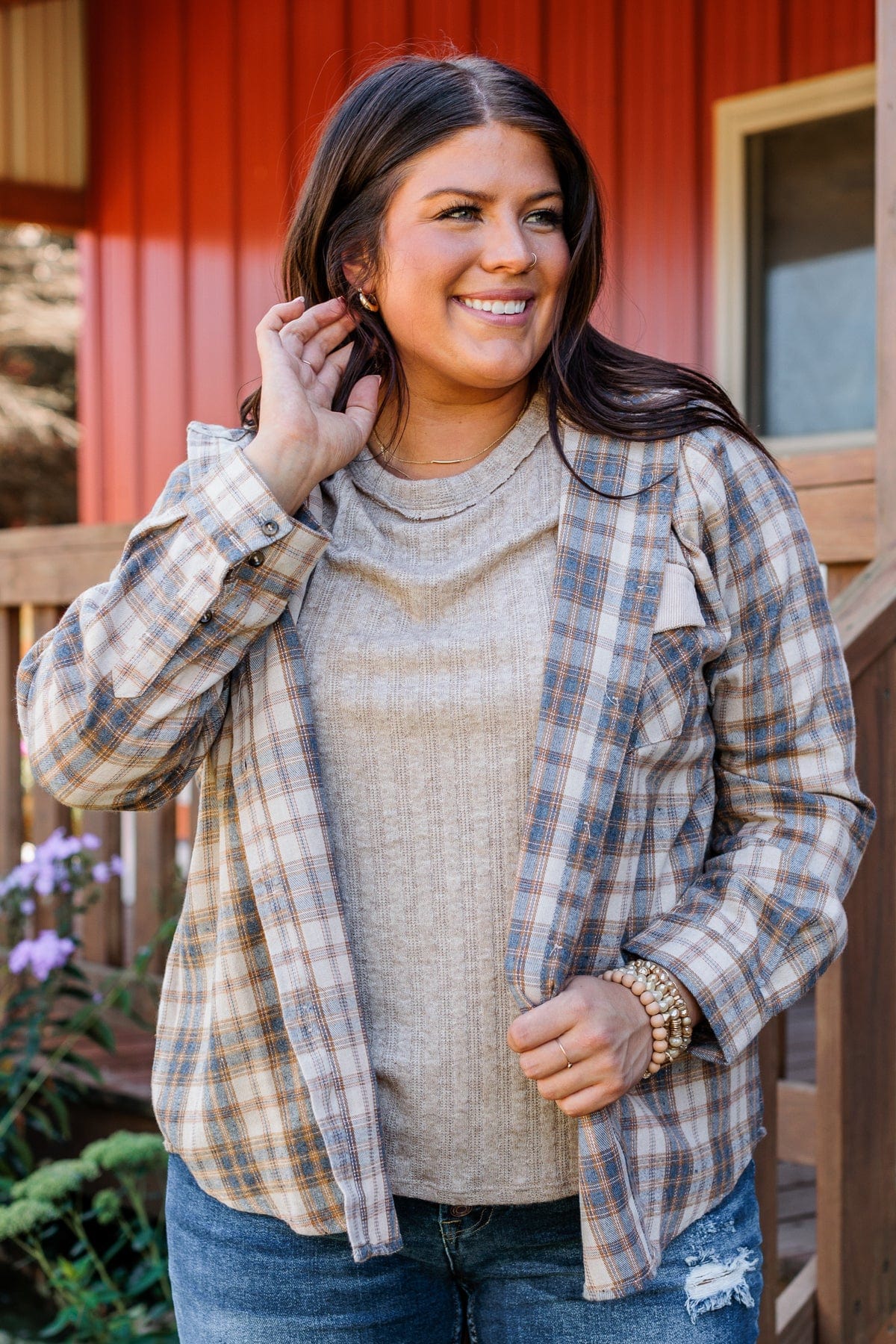 Shake It Off Hooded Button Top- Light Taupe & Navy - Image 6