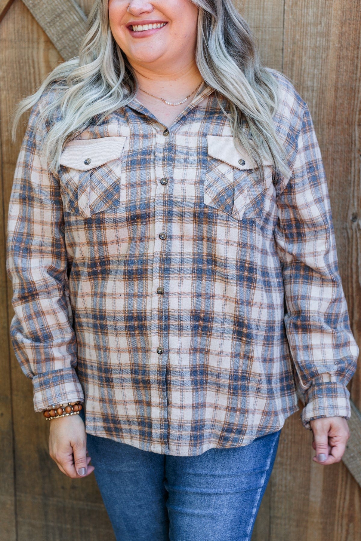 Shake It Off Hooded Button Top- Light Taupe & Navy - Image 7