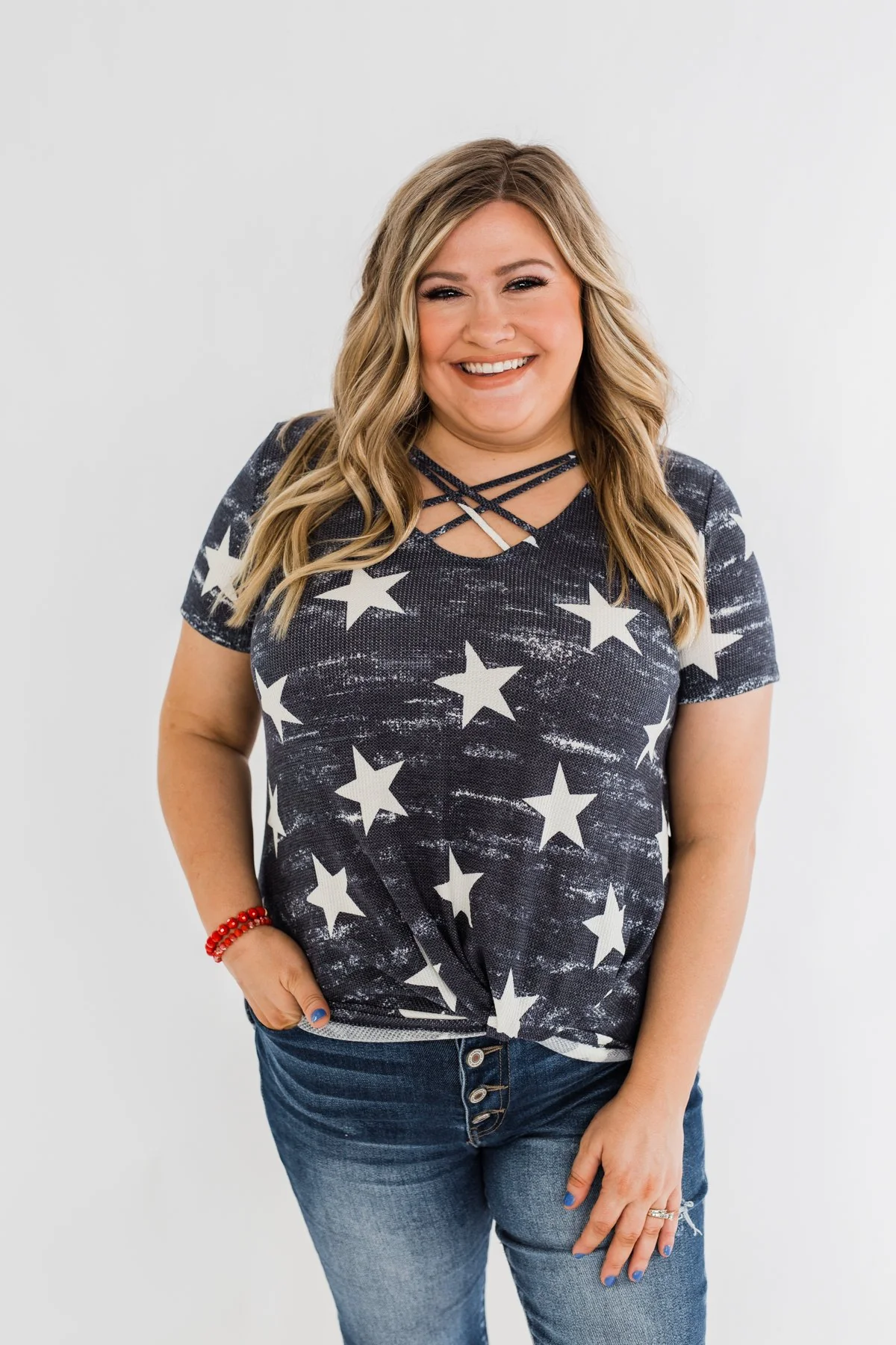 Share The Spirit Criss Cross Star Top- Navy - Image 4