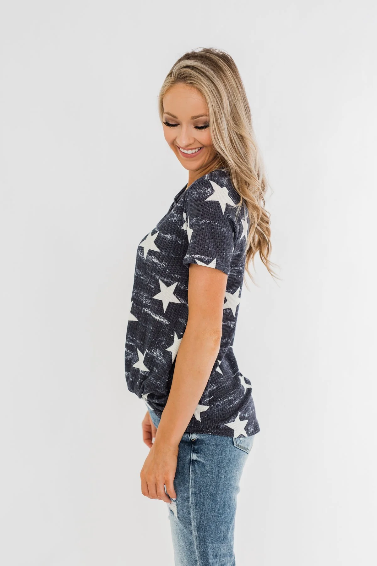 Share The Spirit Criss Cross Star Top- Navy - Image 6