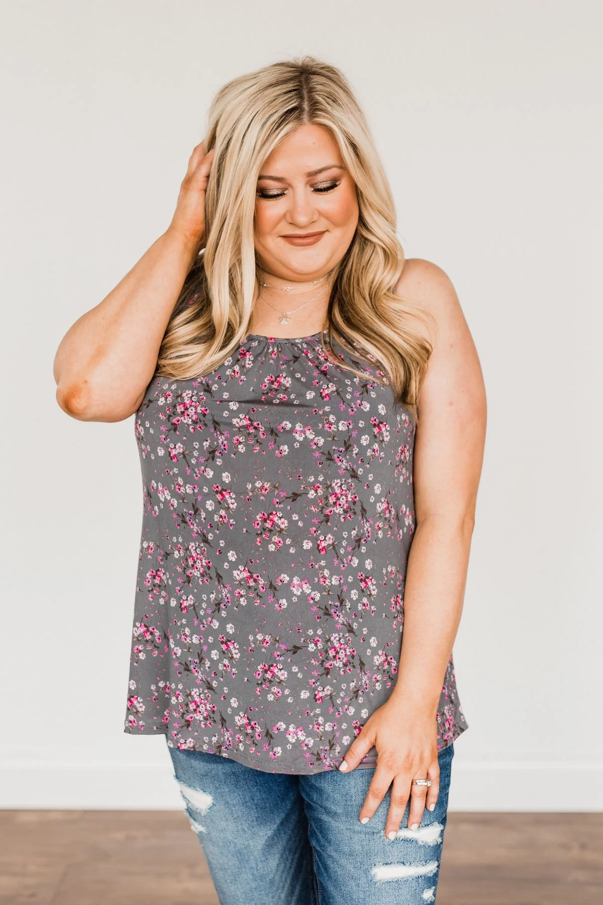 Shared Moments Floral Tank Top- Charcoal & Pink - Image 2
