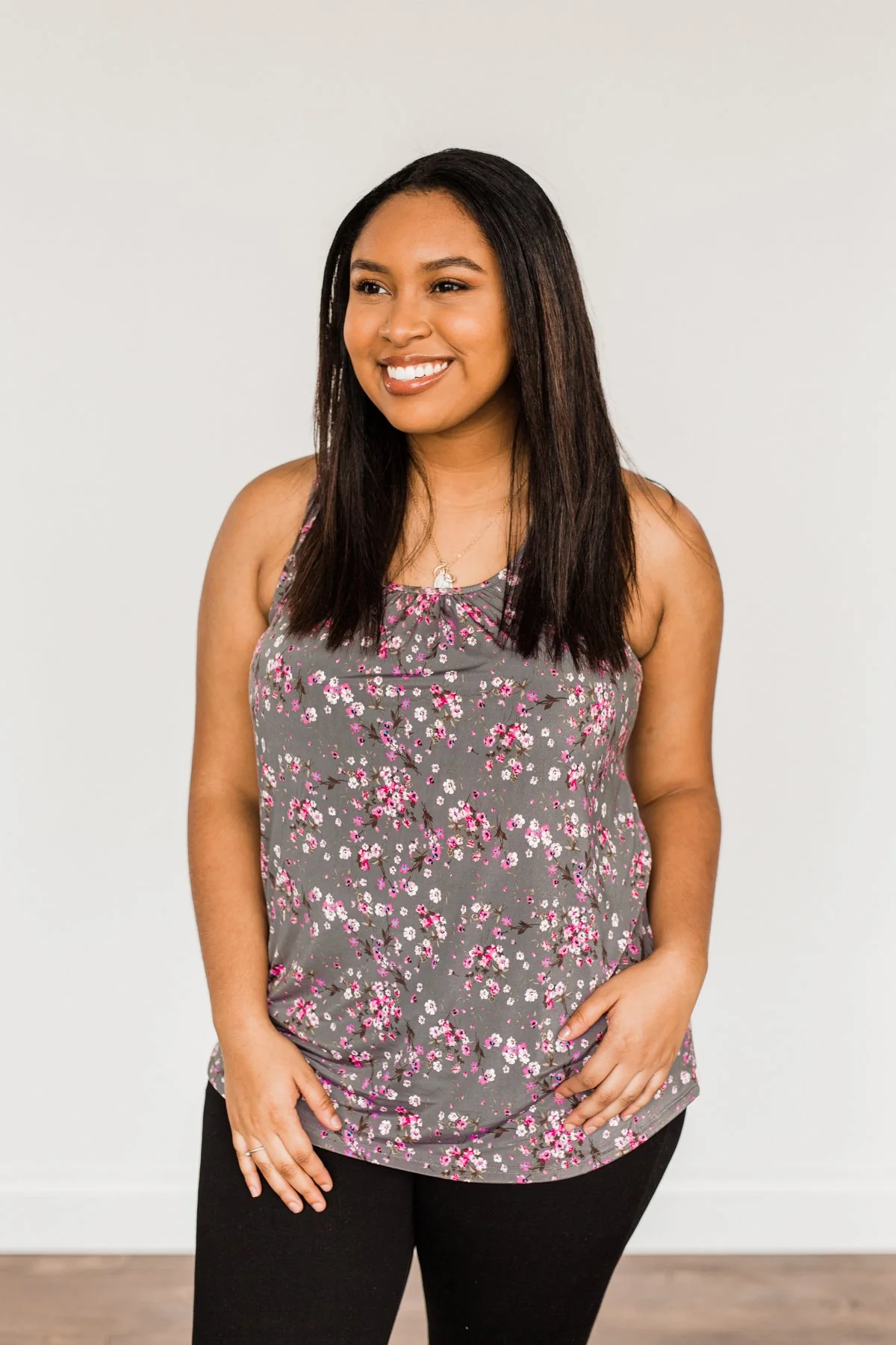 Shared Moments Floral Tank Top- Charcoal & Pink - Image 3