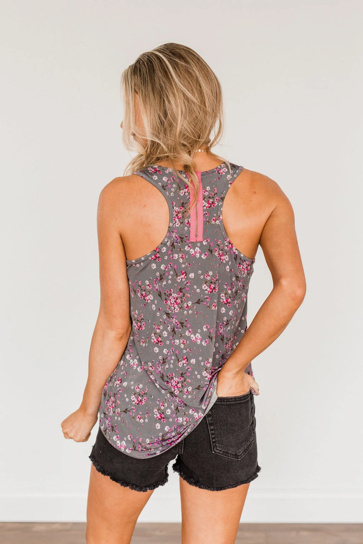 Shared Moments Floral Tank Top- Charcoal & Pink - Image 7