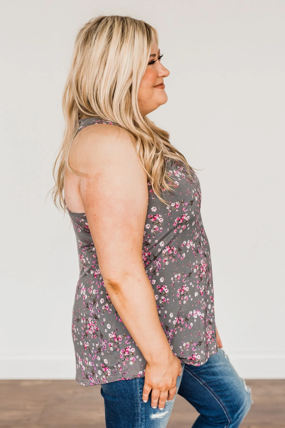 Shared Moments Floral Tank Top- Charcoal & Pink - Image 8