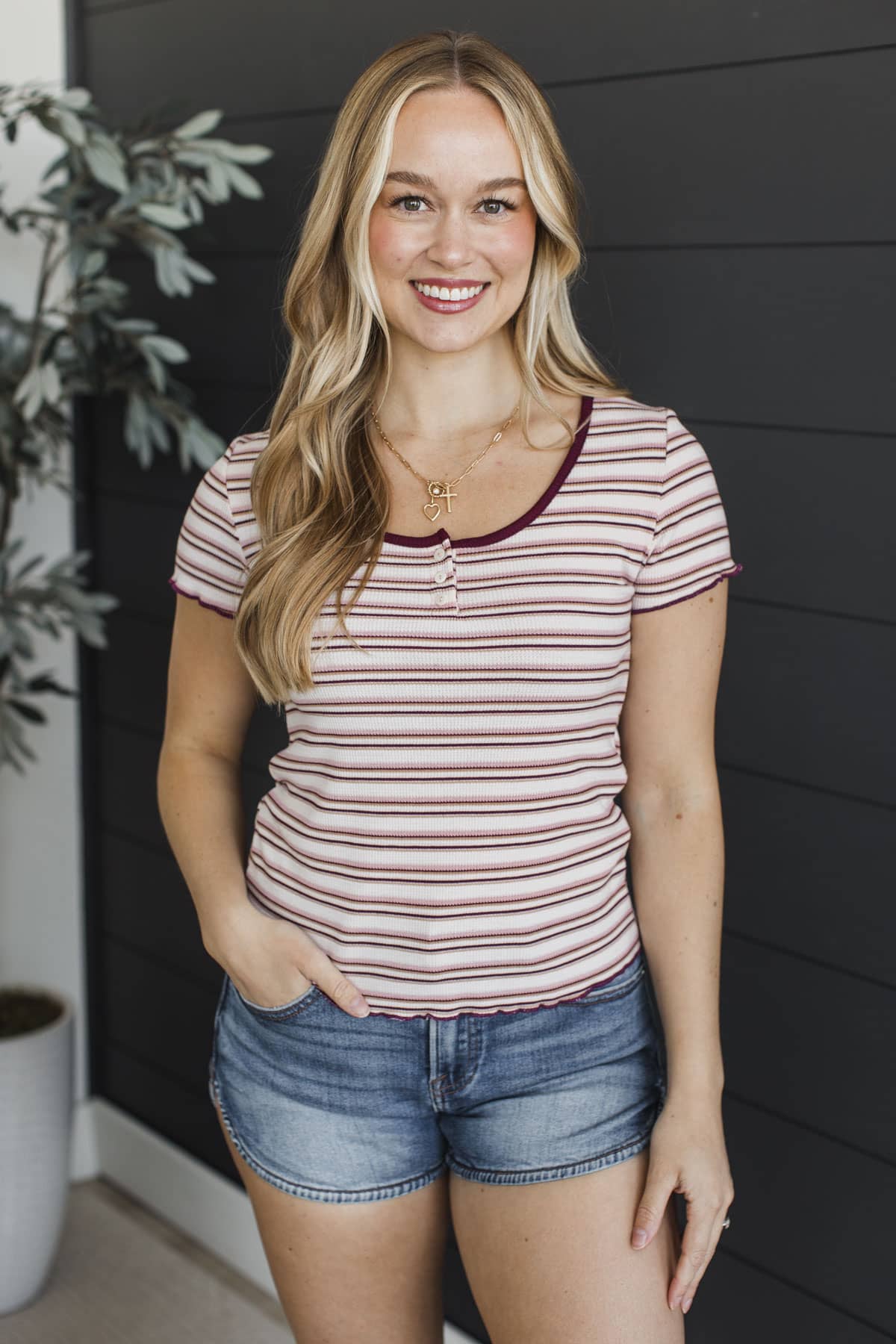 She Moves Softly Striped Print Top- Cream & Wine - Image 2
