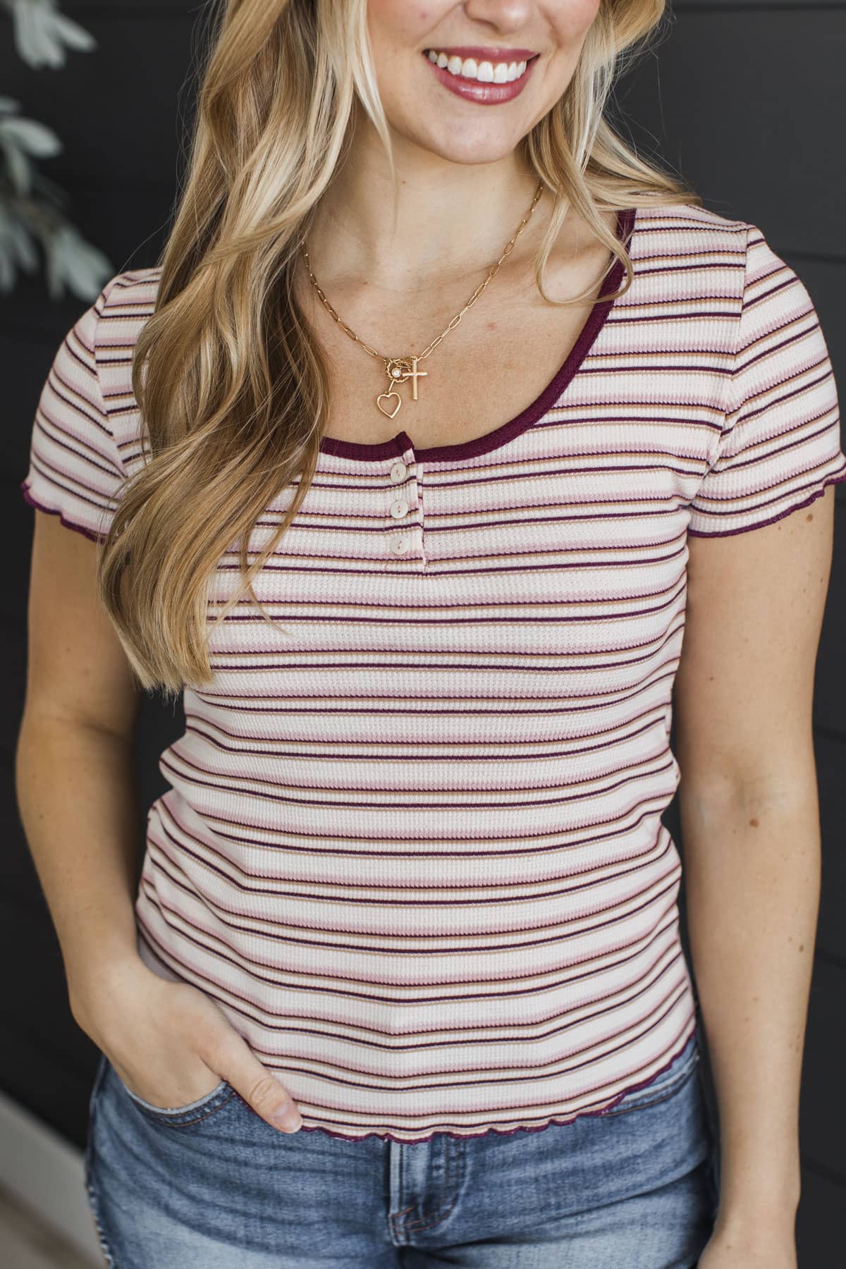 She Moves Softly Striped Print Top- Cream & Wine - Image 4