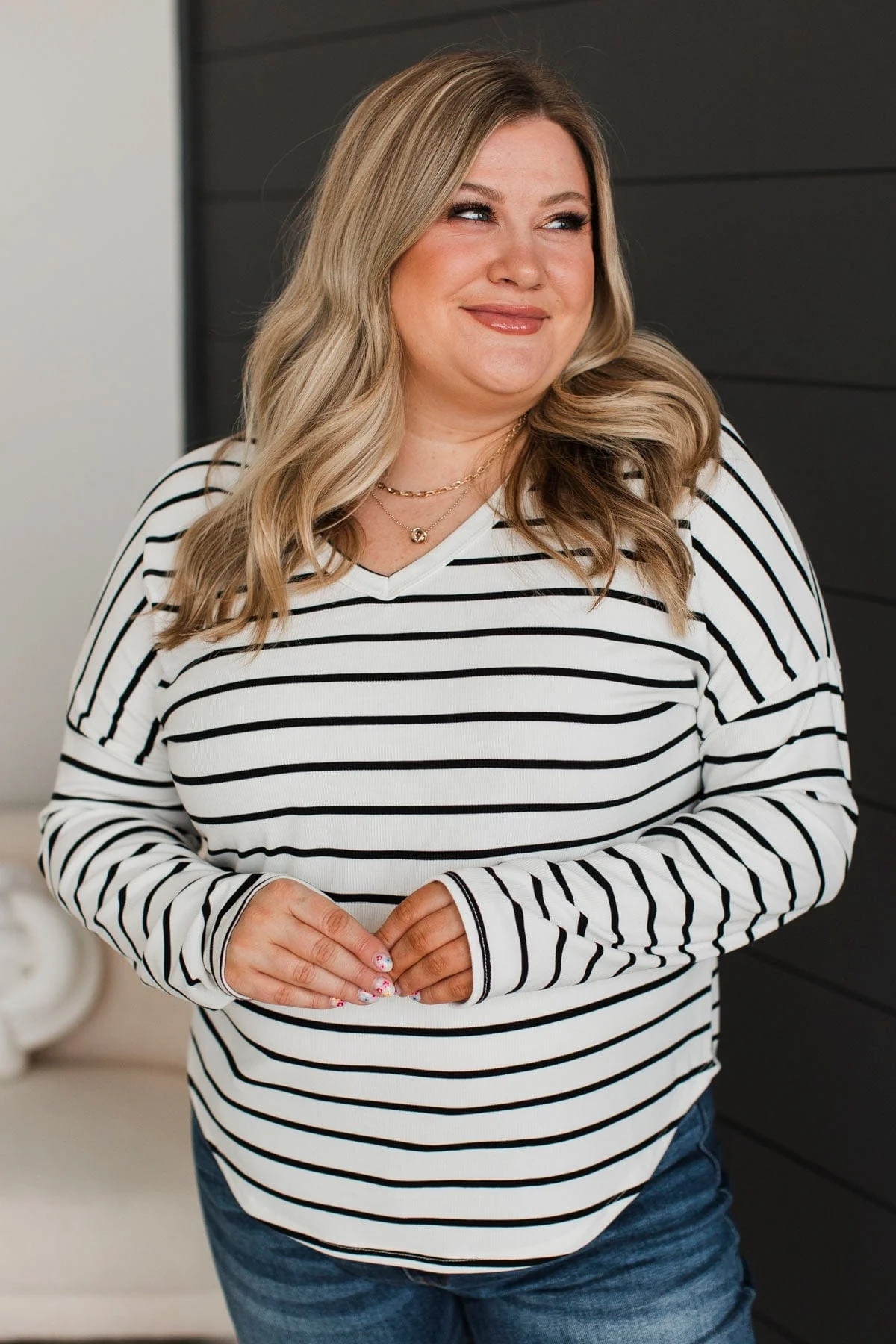 Sheer Joy Long Sleeve Striped Top- Off-White - Image 2