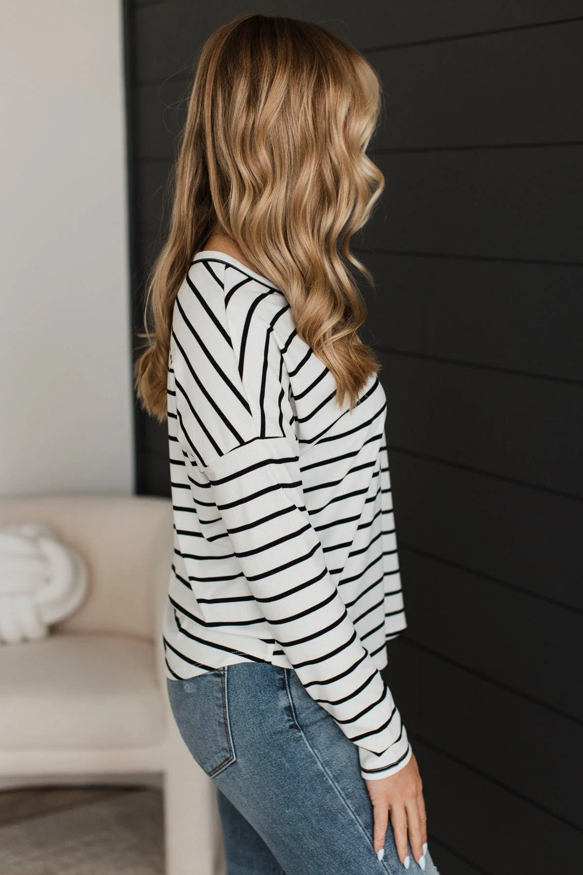 Sheer Joy Long Sleeve Striped Top- Off-White - Image 5
