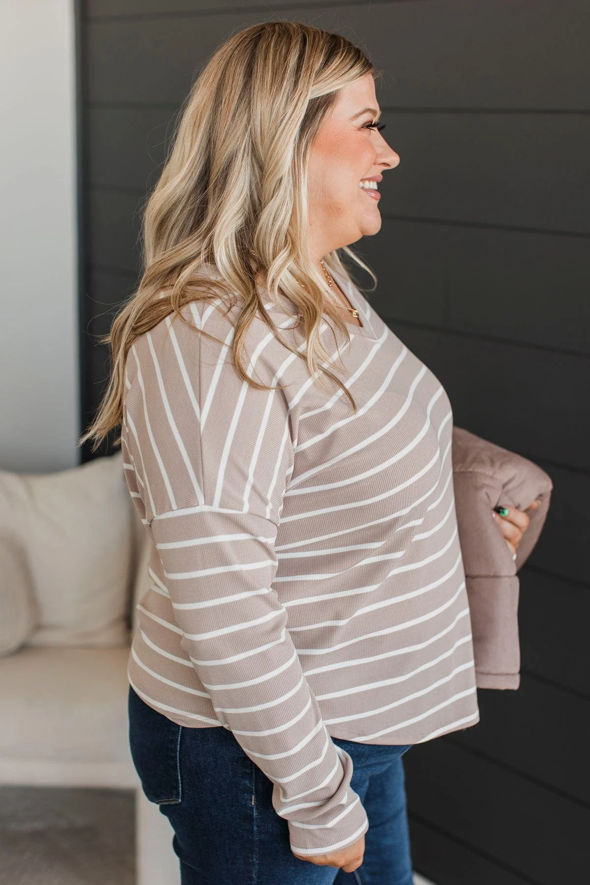 Sheer Joy Long Sleeve Striped Top- Taupe - Image 6