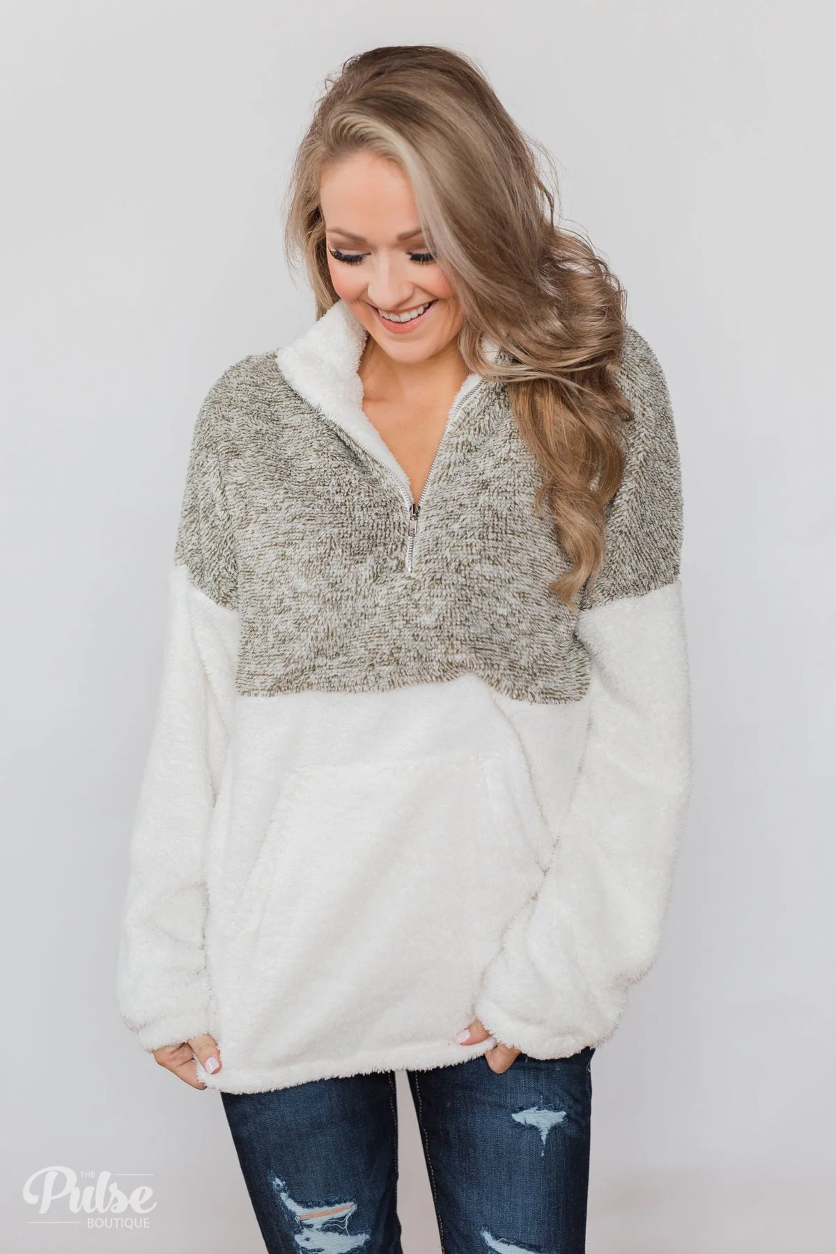 Sherpa Quarter Zip Pullover - Ivory & Olive - Image 5