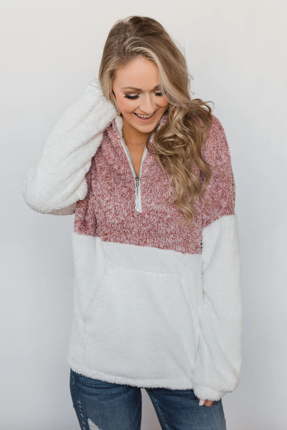 Sherpa Quarter Zip Pullover - Red & Ivory - Image 5