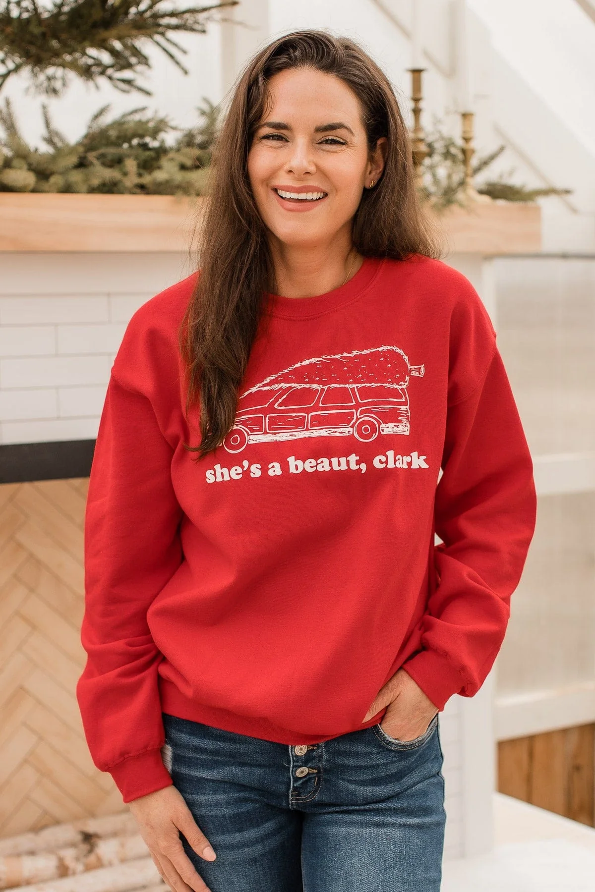 "She's A Beaut, Clark" Graphic Pullover- Red - Image 3