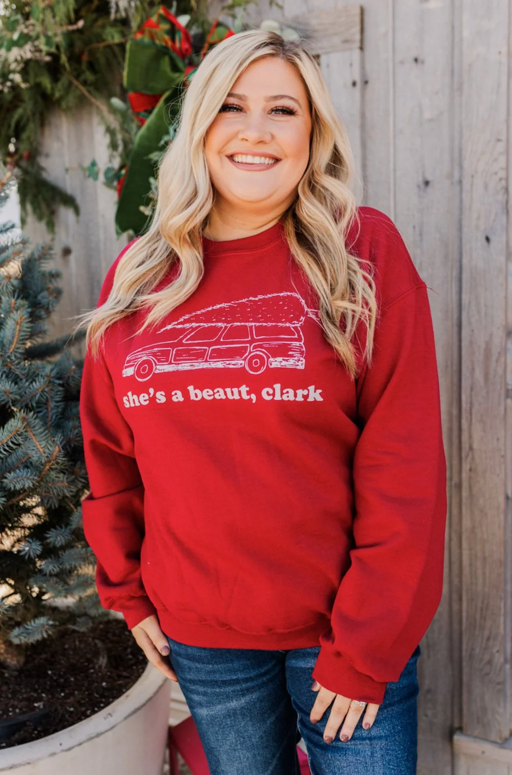 "She's A Beaut, Clark" Graphic Pullover- Red - Image 5