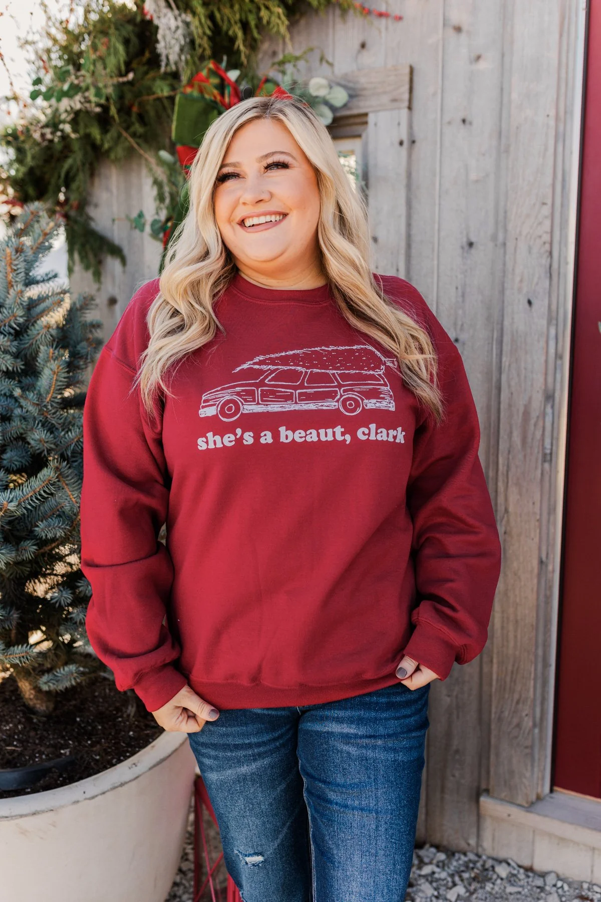 "She's A Beaut, Clark" Graphic Pullover- Cranberry