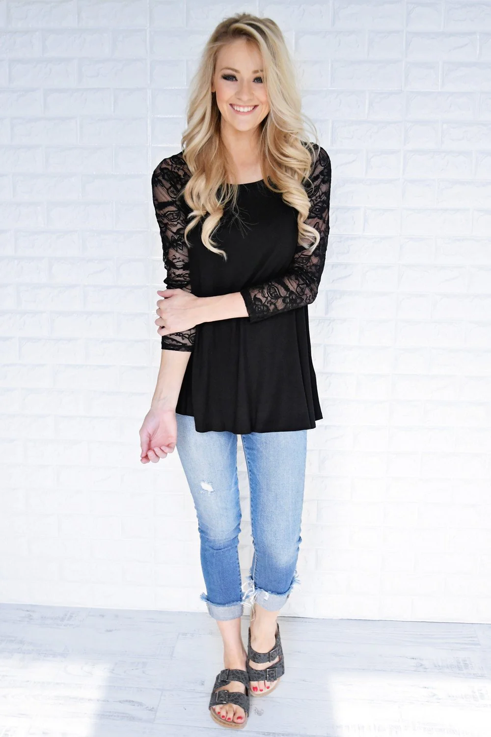 She's a Charmer Black Lace Sleeve Top - Image 3