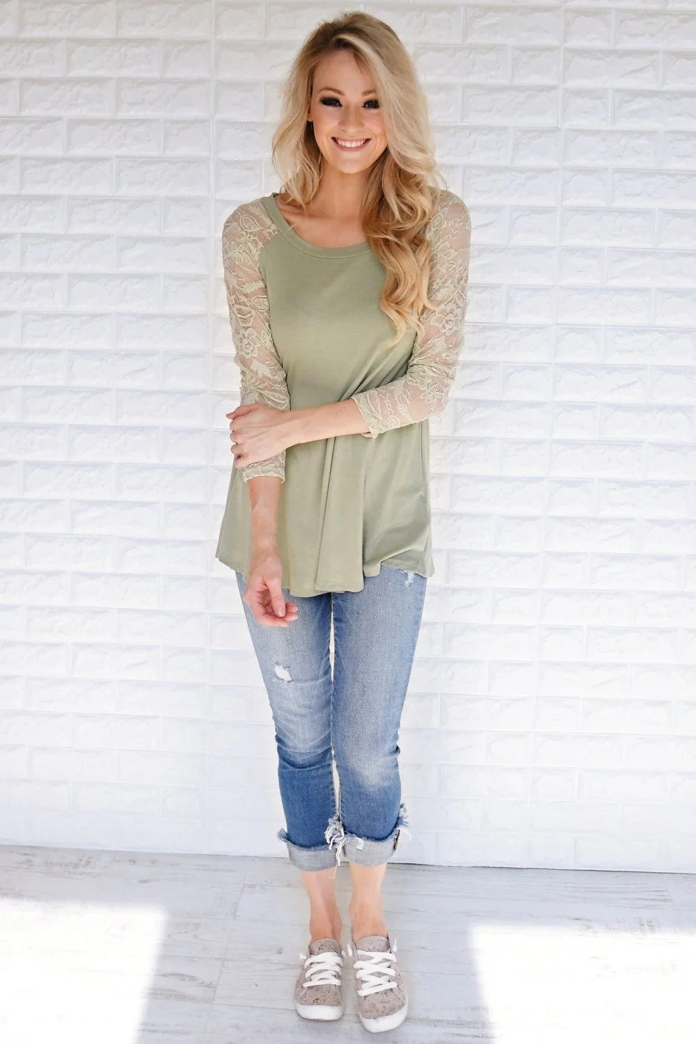 She's a Charmer Olive Lace Sleeve Top - Image 2