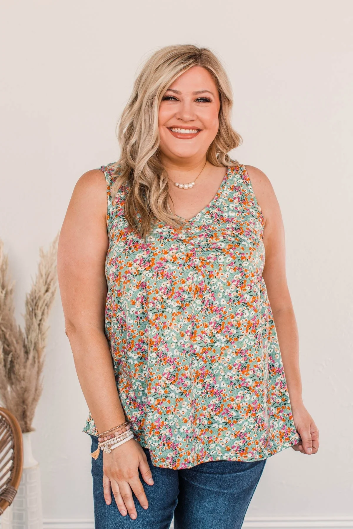 She's A Natural Floral Tank Top- Dusty Teal - Image 3