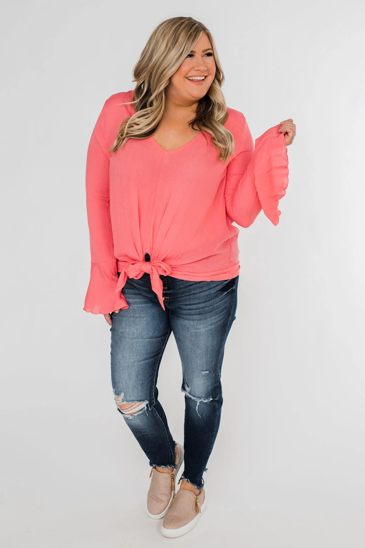 She's a Sweetheart V-Neck Tie Top- Coral - Image 11