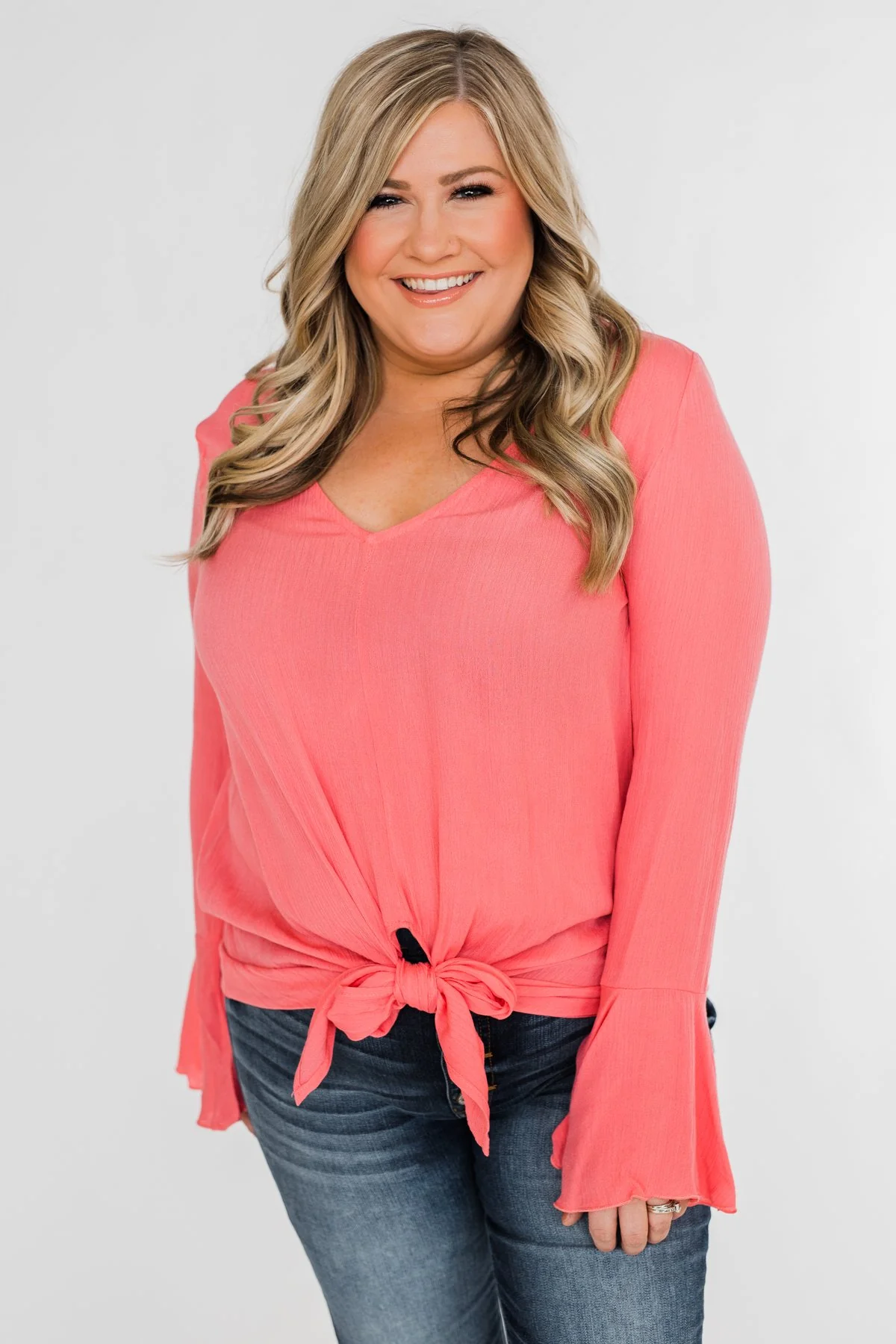 She's a Sweetheart V-Neck Tie Top- Coral - Image 8