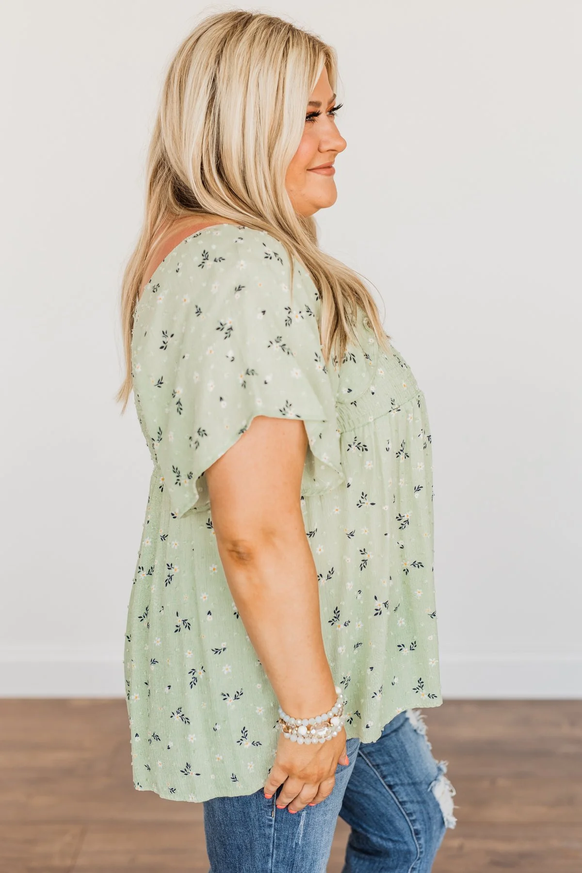 She's All That Floral Smocked Blouse- Soft Sage - Image 10