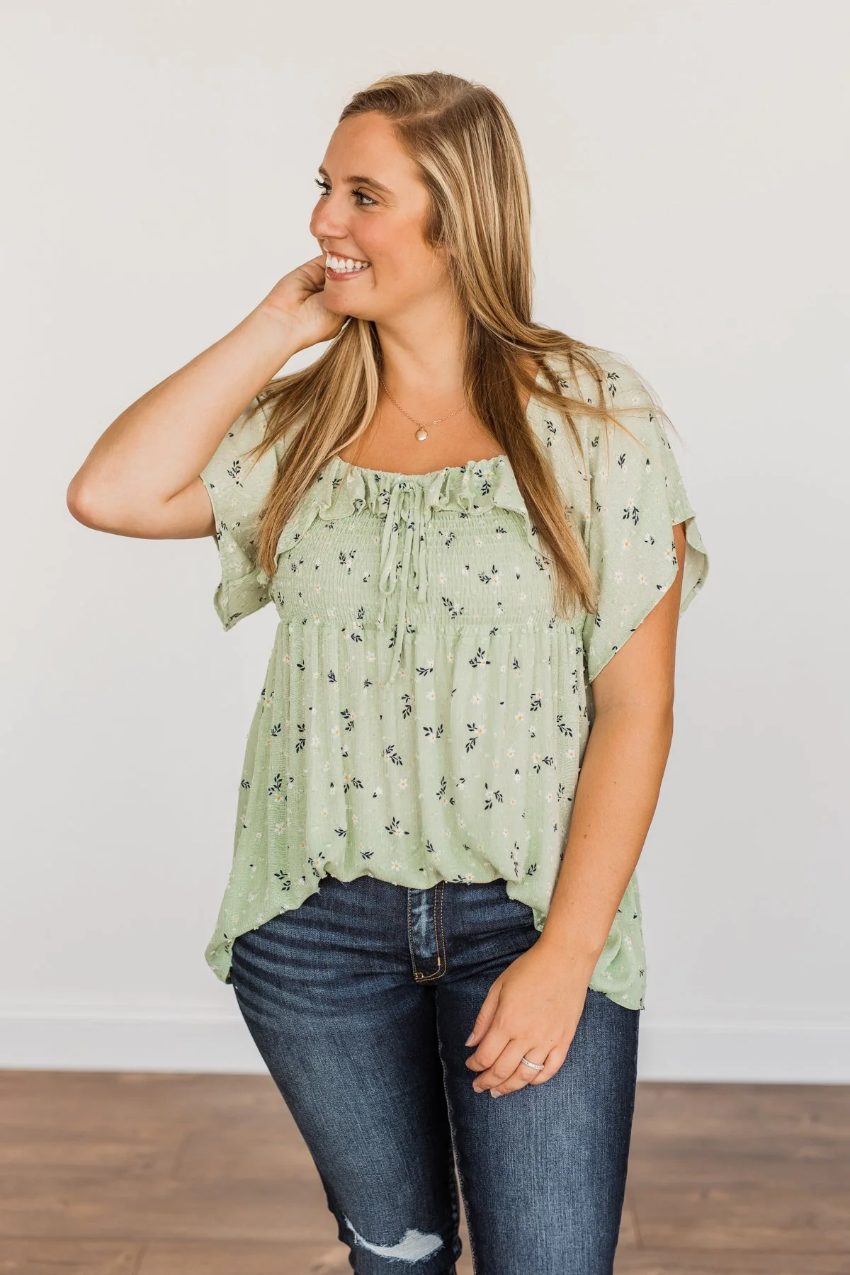 She's All That Floral Smocked Blouse- Soft Sage - Image 3