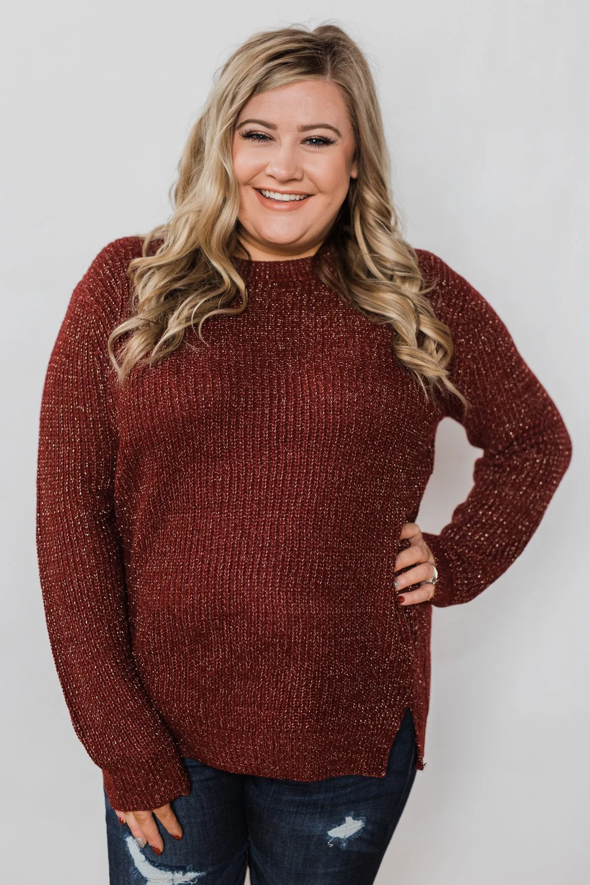 Shimmer All Night Long Knitted Sweater- Burgundy - Image 2