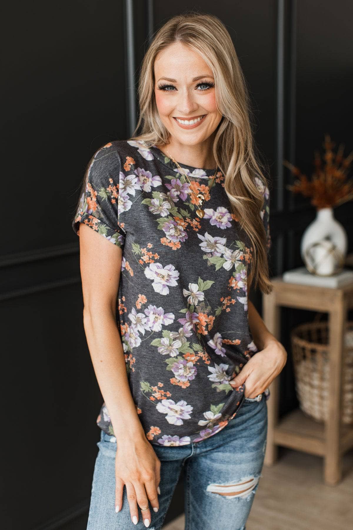 Shine All The Way Short Sleeve Floral Top- Navy - Image 3