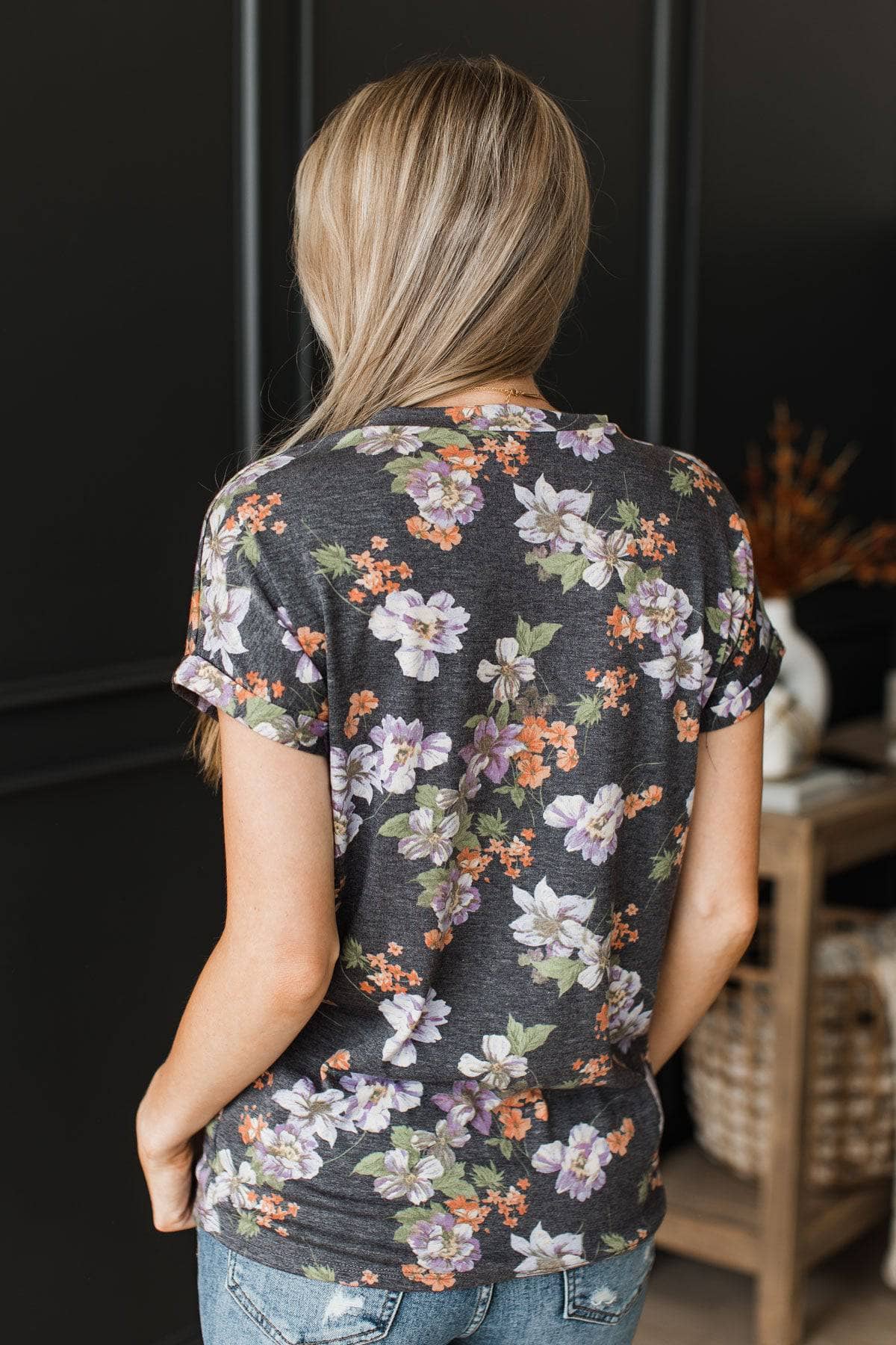 Shine All The Way Short Sleeve Floral Top- Navy - Image 7