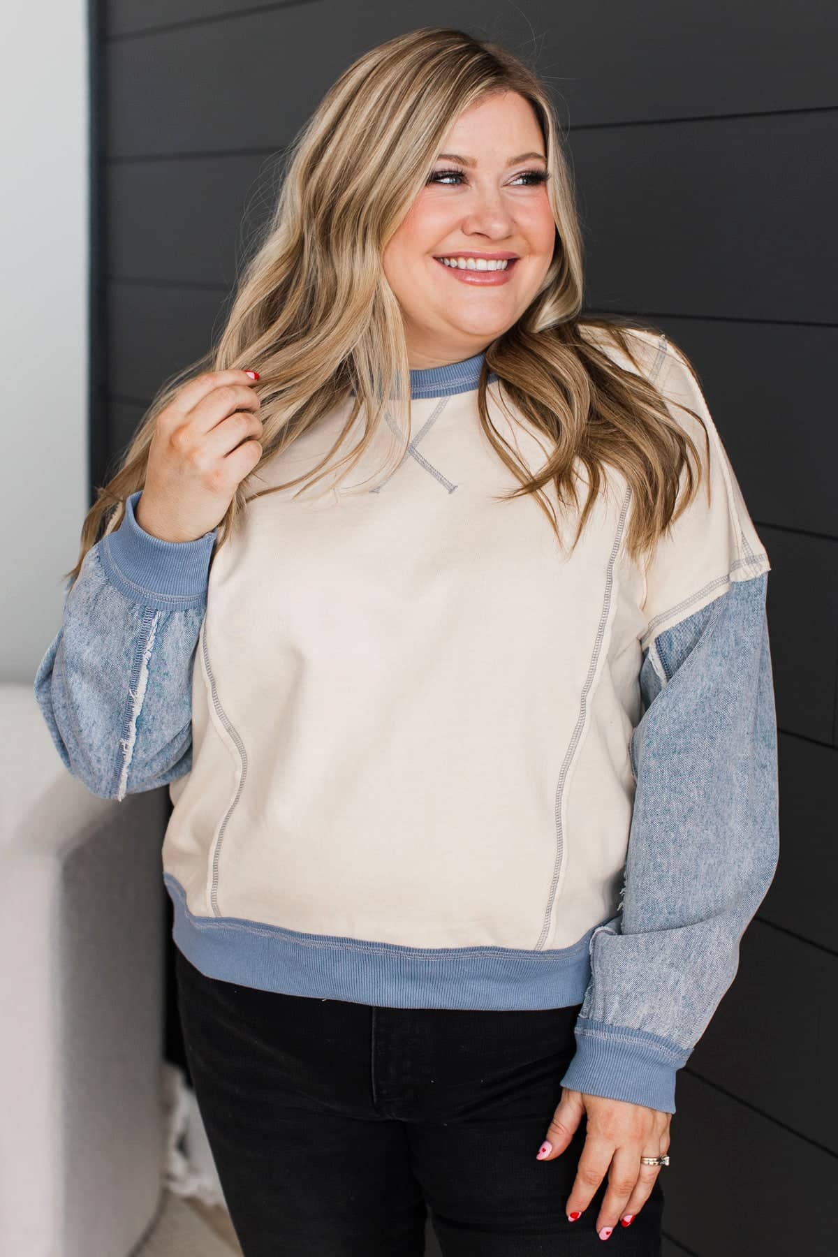 Shine From Within Fabric Block Pullover Top- Cream & Denim