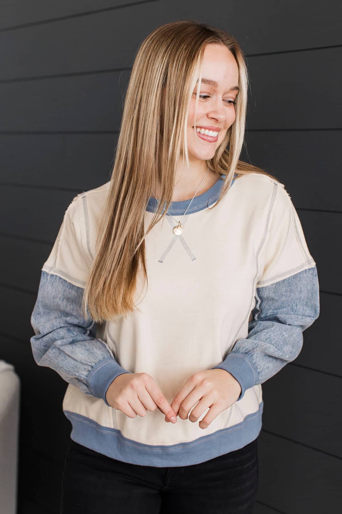 Shine From Within Fabric Block Pullover Top- Cream & Denim - Image 4