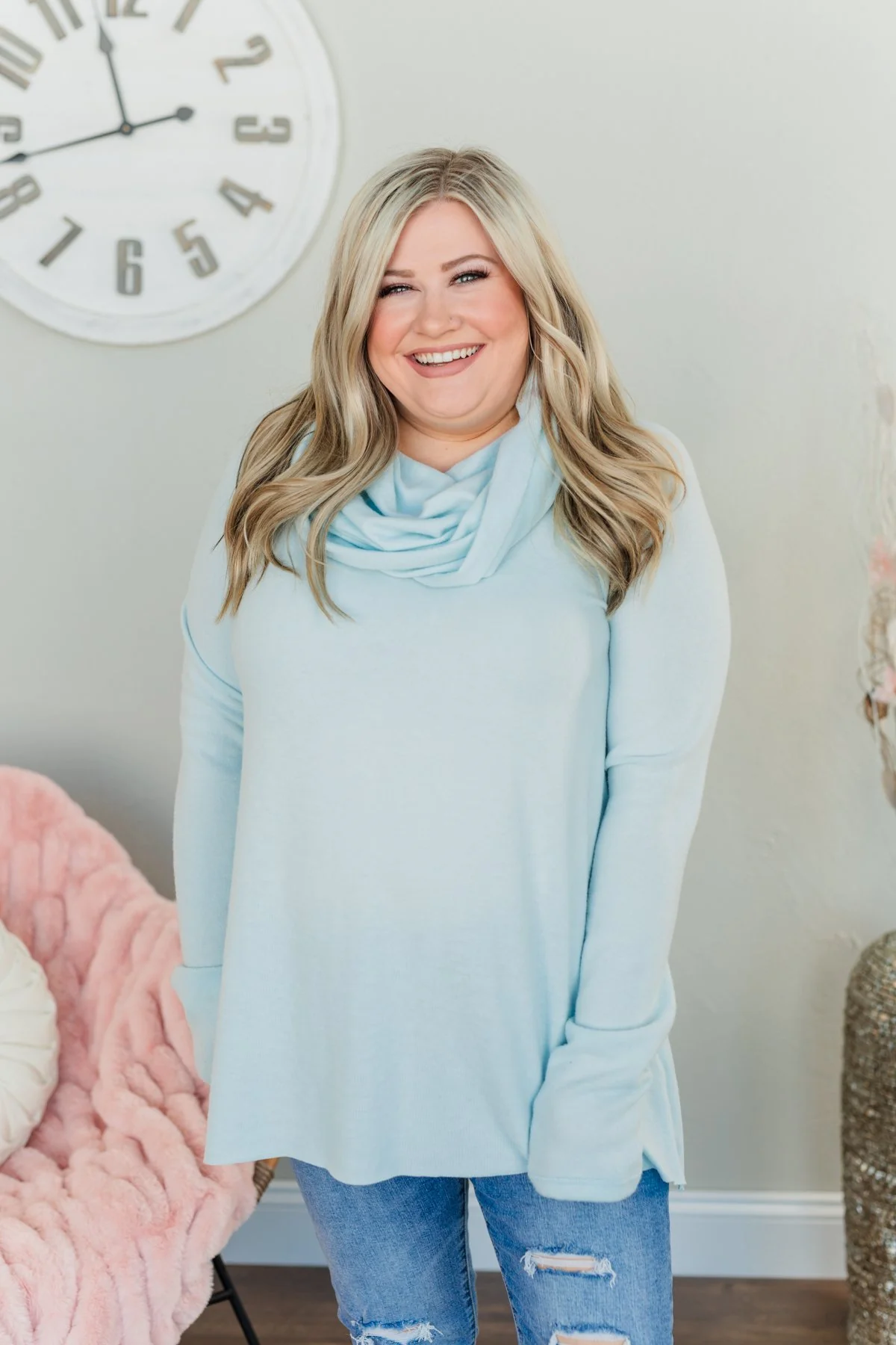 Shine Your Smile Cowl Neck Top- Light Blue - Image 4