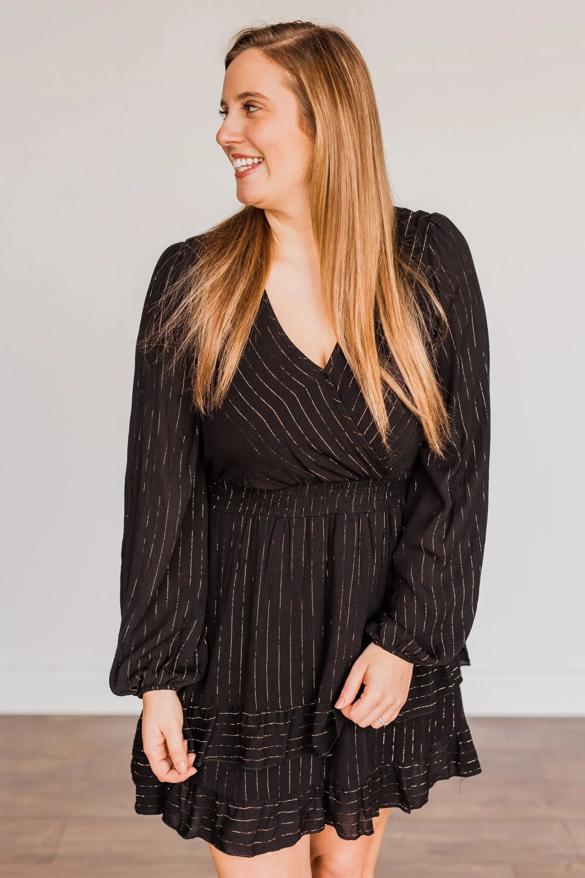 Shining Star Long Sleeve Dress- Black & Gold - Image 11